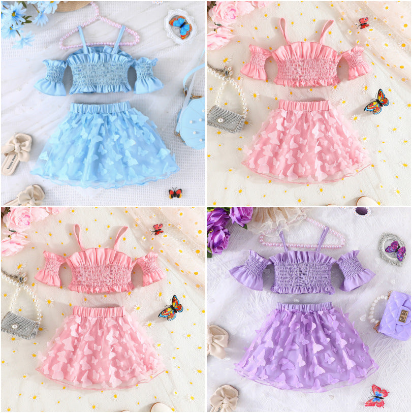 2 Pieces Set Baby Kid Girls Solid Color Tank Tops And Butterfly Skirts Wholesale 240701103