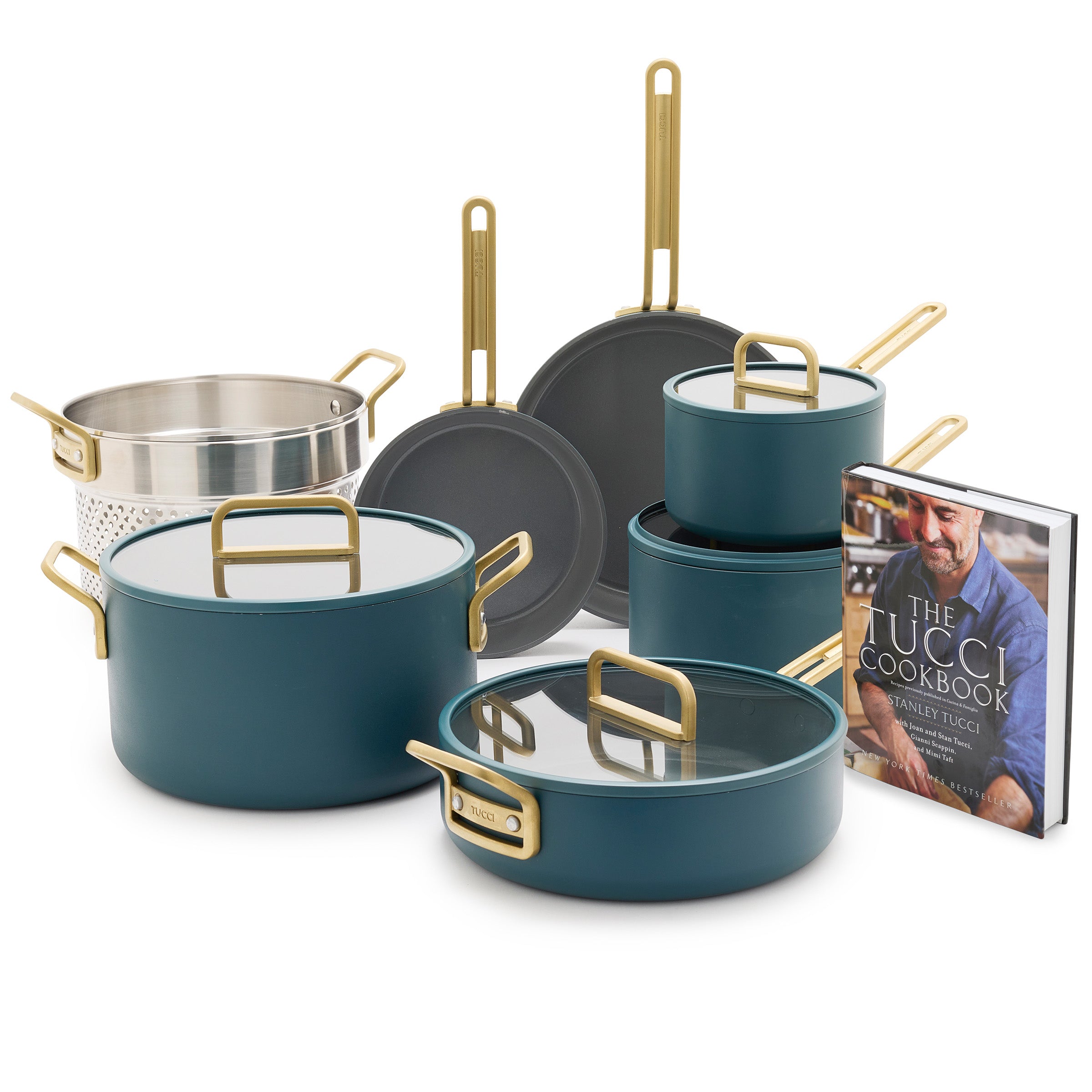 Stanley Tucci Ceramic Nonstick 11-Piece Cookware Set with the Tucci Cookbook | Venetian Teal