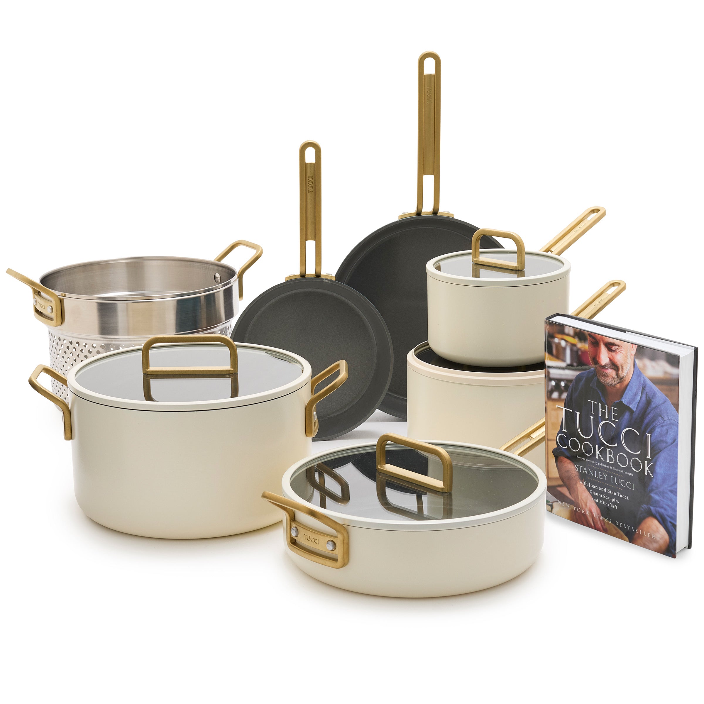 Stanley Tucci Ceramic Nonstick 11-Piece Cookware Set with The Tucci Cookbook | Carrara White