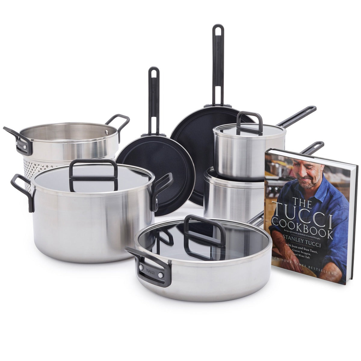 Stanley Tucci Stainless Steel Ceramic Nonstick 11-Piece Cookware Set with The Tucci Cookbook