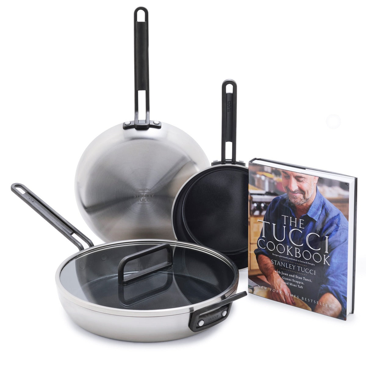 Stanley Tucci Stainless Steel Ceramic Nonstick 4-Piece Frypan Set with The Tucci Cookbook