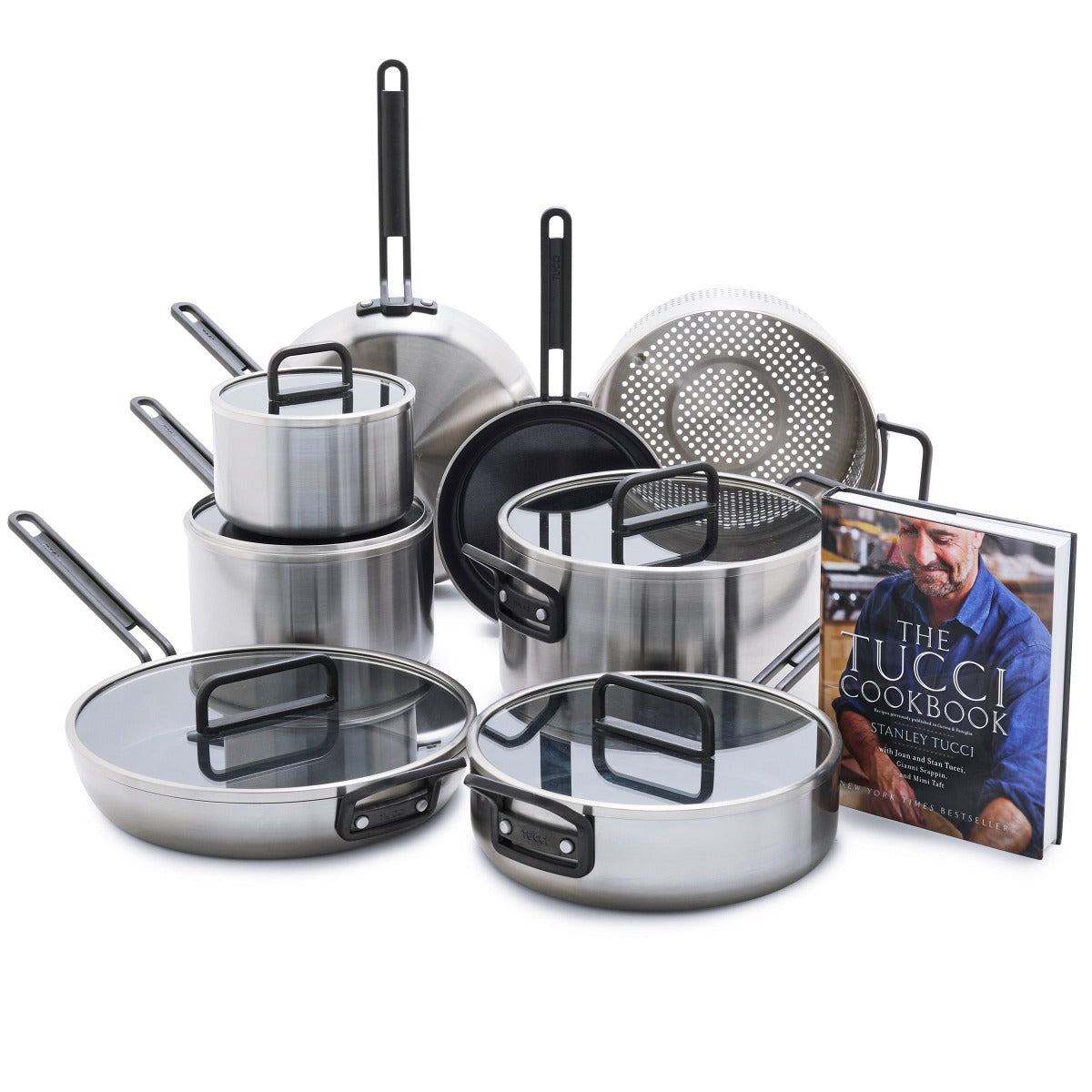 Stanley Tucci Stainless Steel Ceramic Nonstick 13-Piece Cookware Set with the Tucci Cookbook