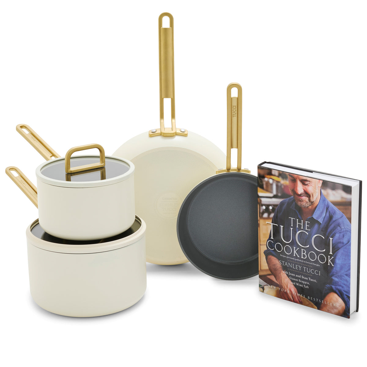 Stanley Tucci Ceramic Nonstick 6-Piece Cookware Set with the Tucci Cookbook | Carrara White