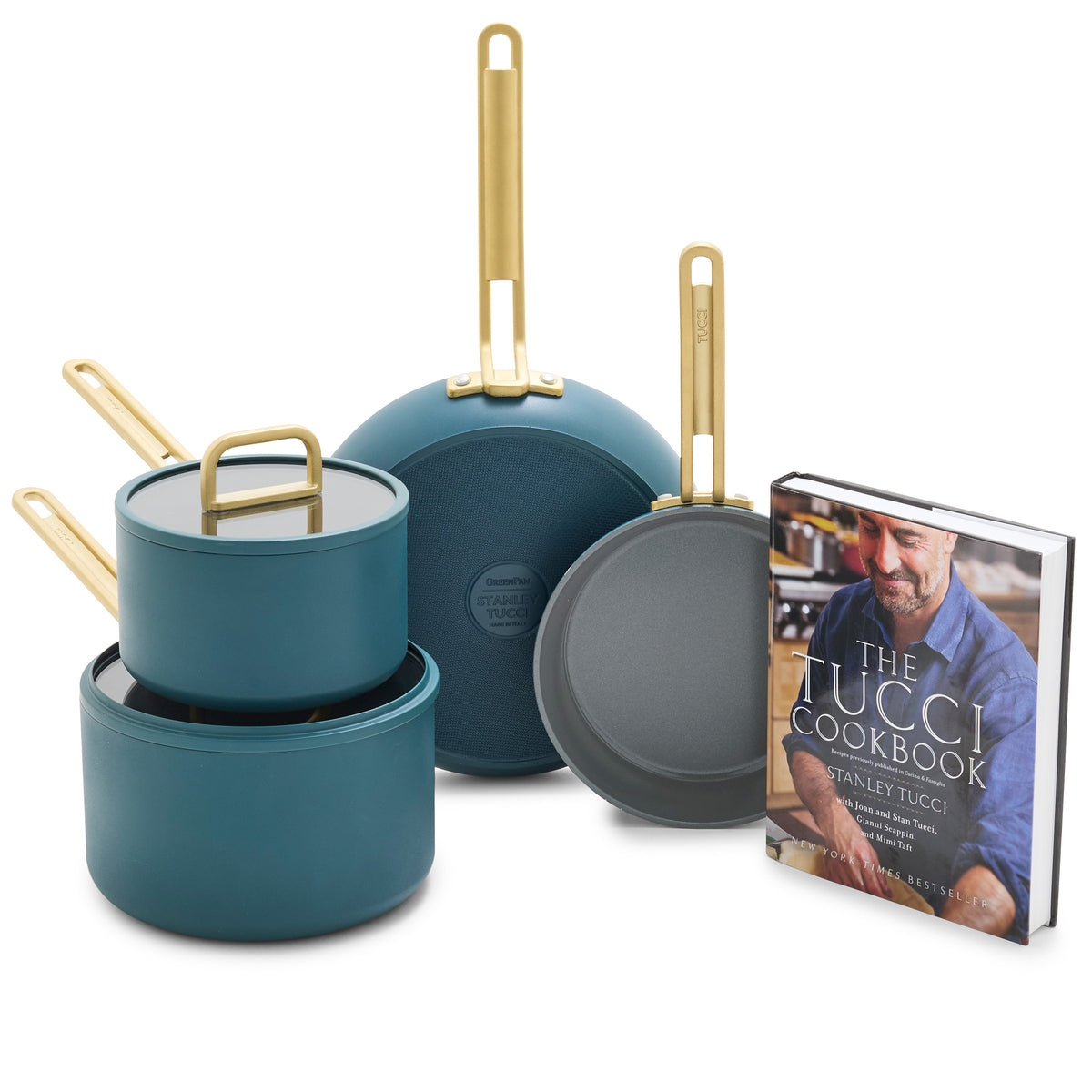 Stanley Tucci Ceramic Nonstick 6-Piece Cookware Set with the Tucci Cookbook | Venetian Teal