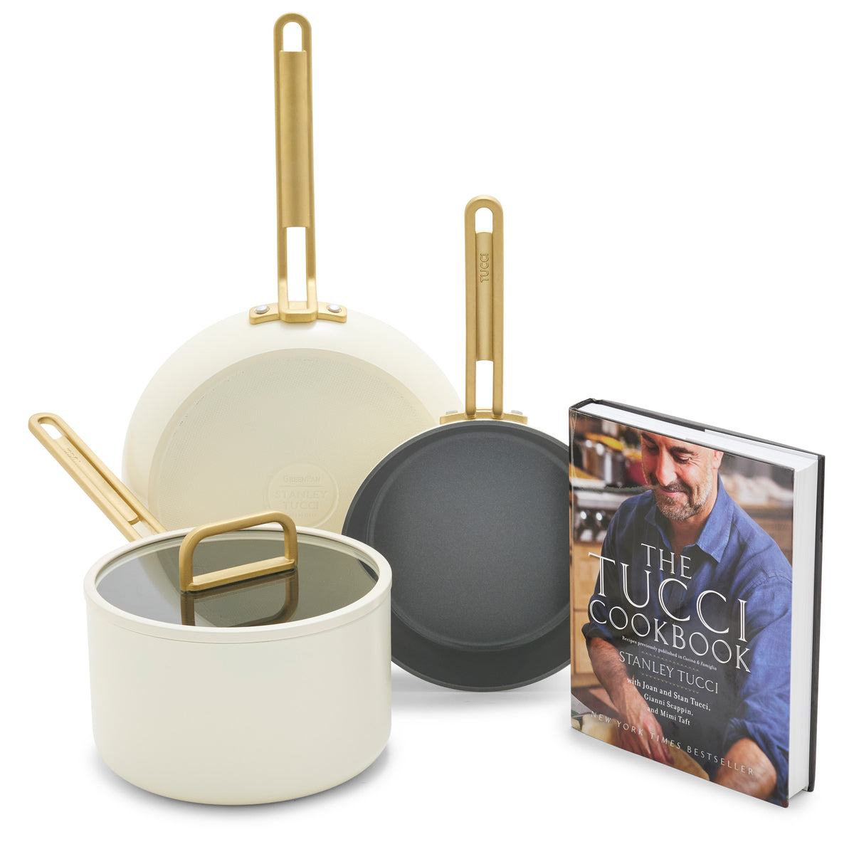 Stanley Tucci Ceramic Nonstick 4-Piece Chef Set with the Tucci Cookbook | Carrara White