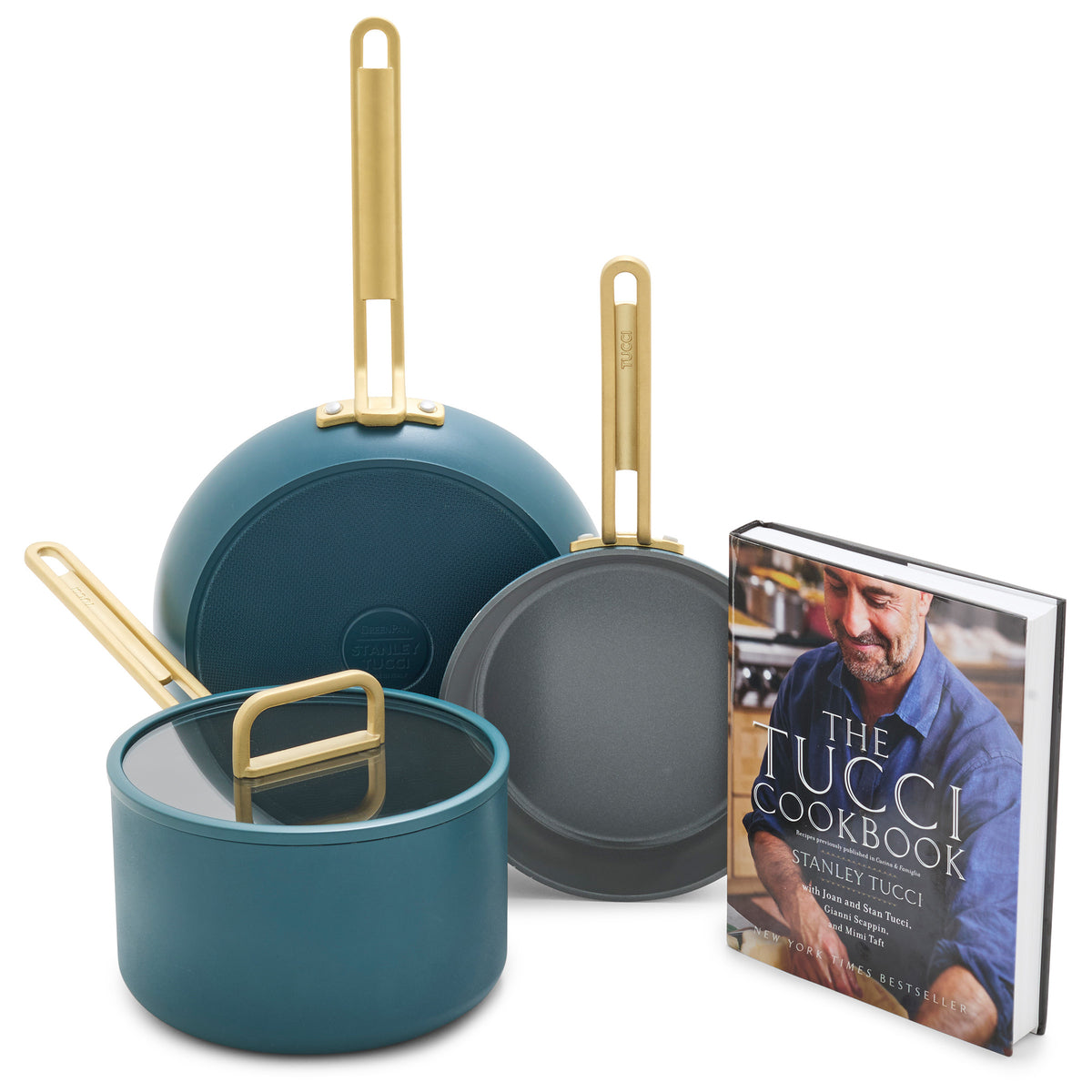 Stanley Tucci Ceramic Nonstick 4-Piece Chef Set with The Tucci Cookbook | Venetian Teal