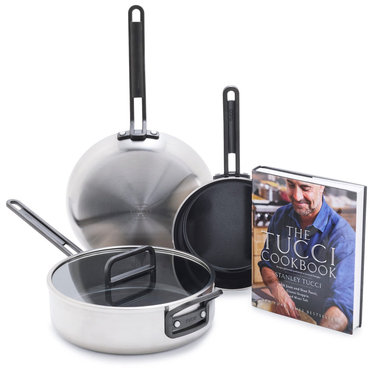 Stanley Tucci Stainless Steel Ceramic Nonstick 4-Piece Chef Set with The Tucci Cookbook