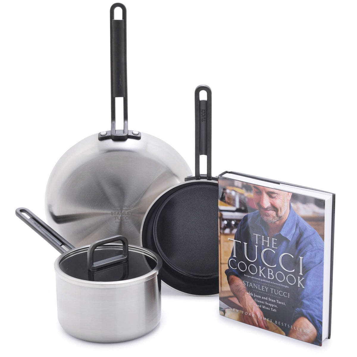 Stanley Tucci Stainless Steel Ceramic Nonstick 4-Piece Essentials Cookware Set with The Tucci Cookbook